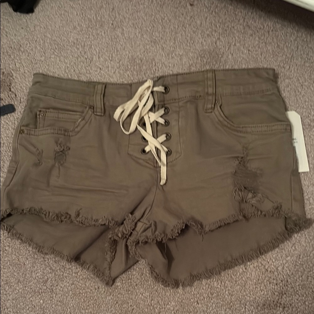 Women's Distressed Lace-Up Shorts - Tan